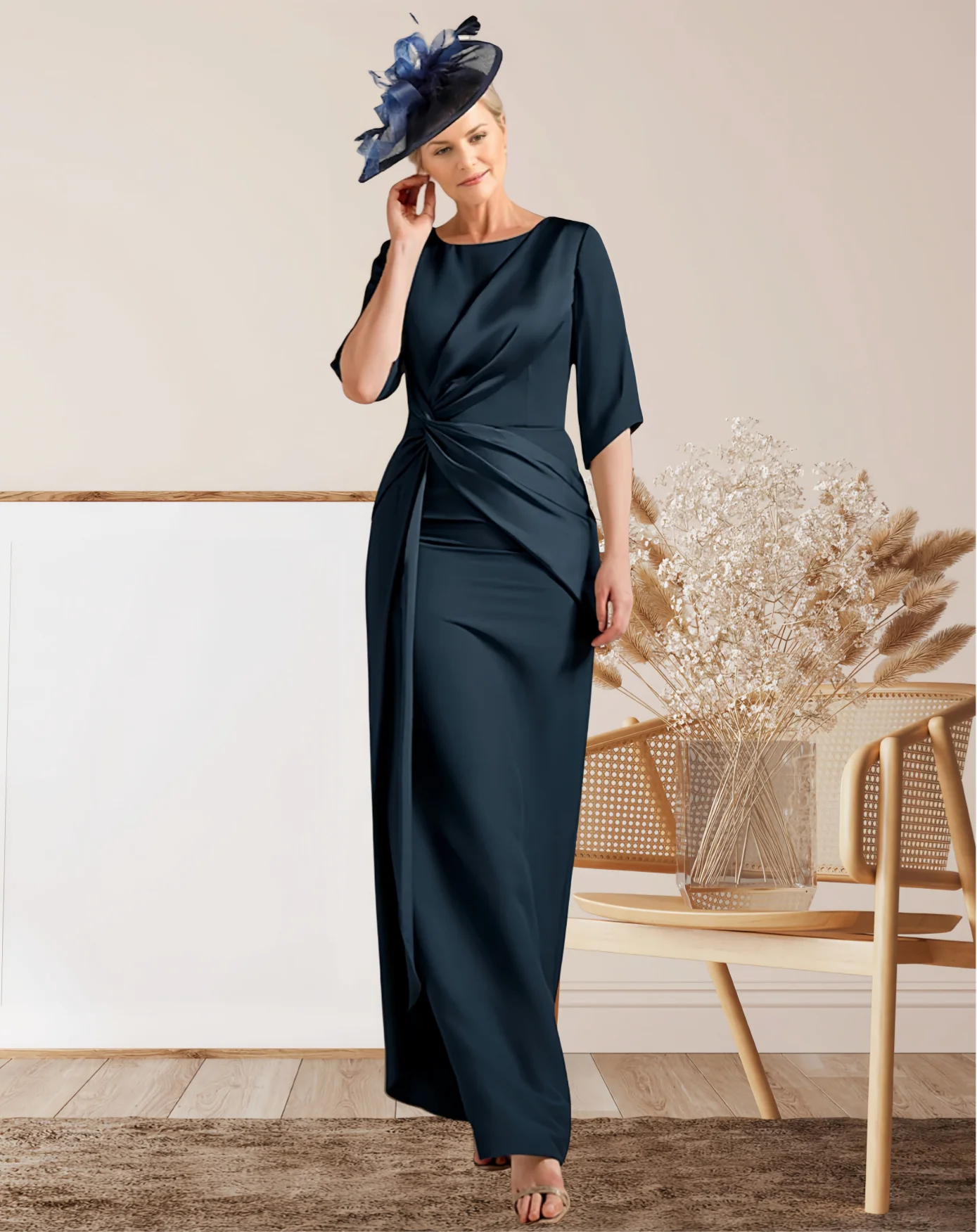

LinasBridal, элегантное платье для матери невесты, с драгоценным вырезом, длиной до щиколотки, атласное, с коротким рукавом, с рюшами, однотонное, 2024