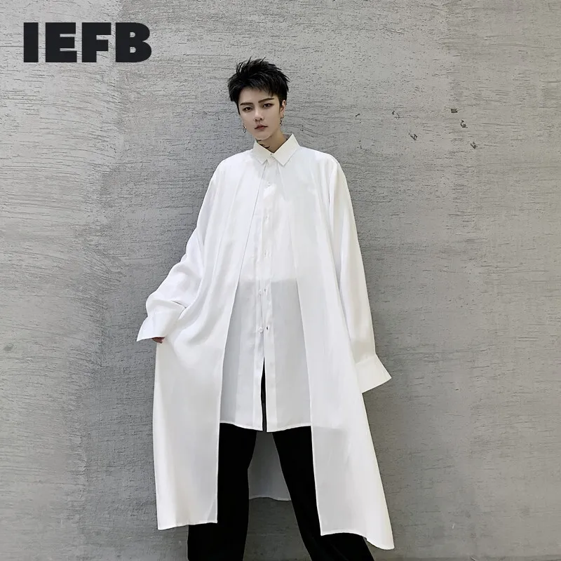IEFB /men\'s wear False Two Pieces black white long Shirt Long Sleeve design new 2023 Autumn trendy vent irregular tops 9Y1338