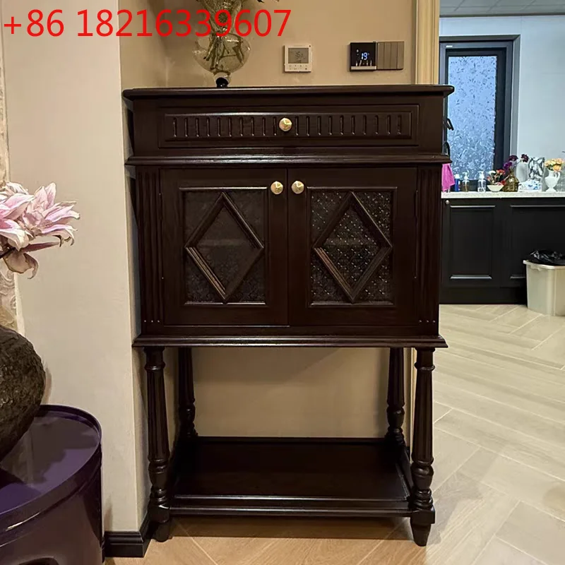 

French medieval solid wood carving entry porch cabinet American retro living room wall decoration