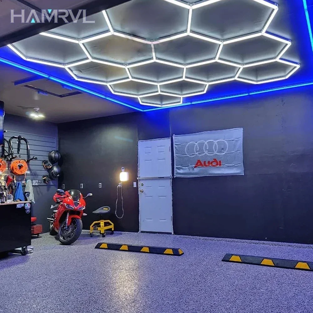 DIY Hexagonal Garage LED Ceiling Lighting Custom RGB Warm White Color Lights for Barbershop Workshop Gym Club Store Mall Car 4S