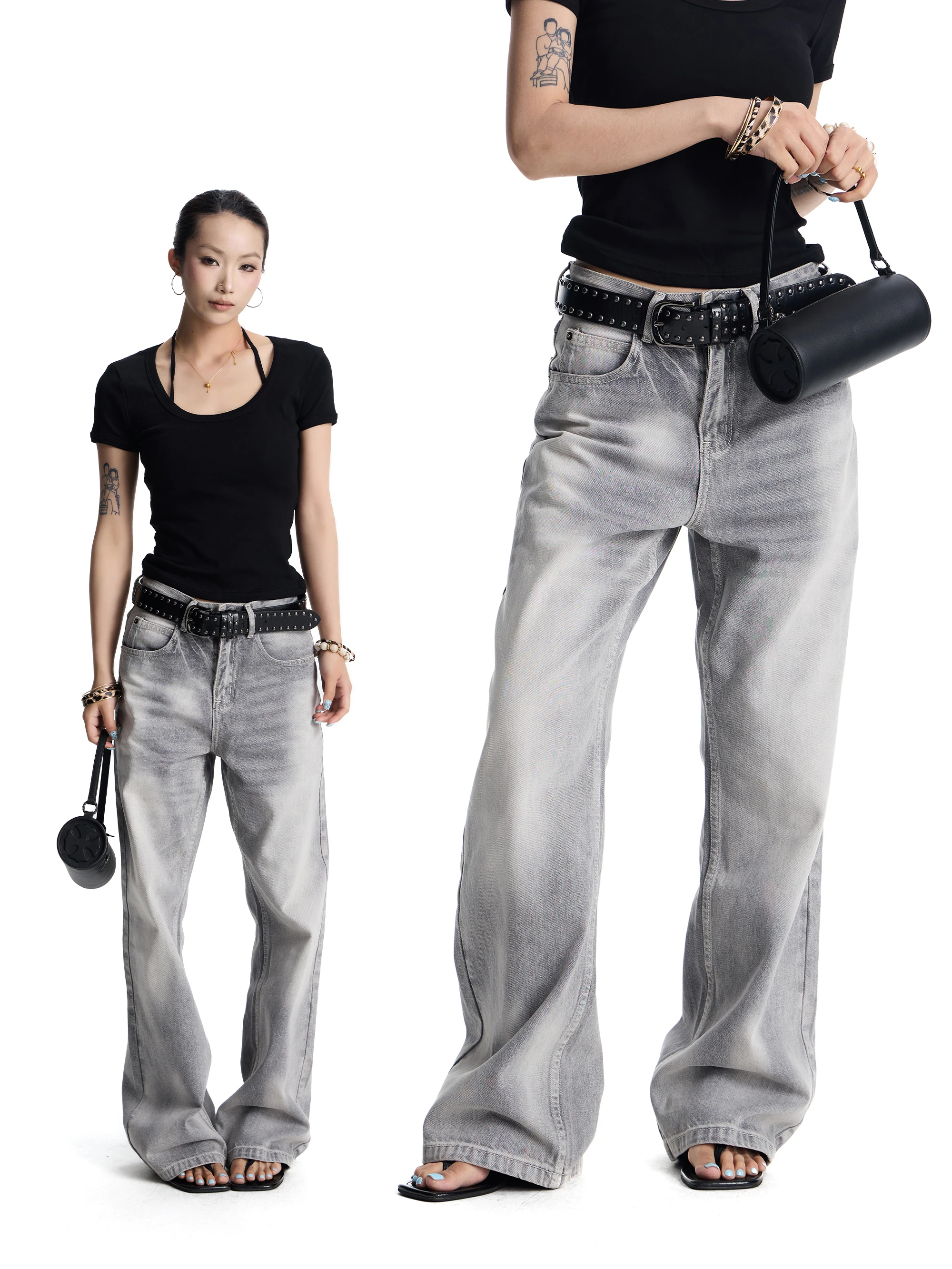 

Antsstna Vintage American Washed Loose Fit Grey Tone Faded Jeans High Waist Draped Long Pants Straight Leg Cotton Zipper