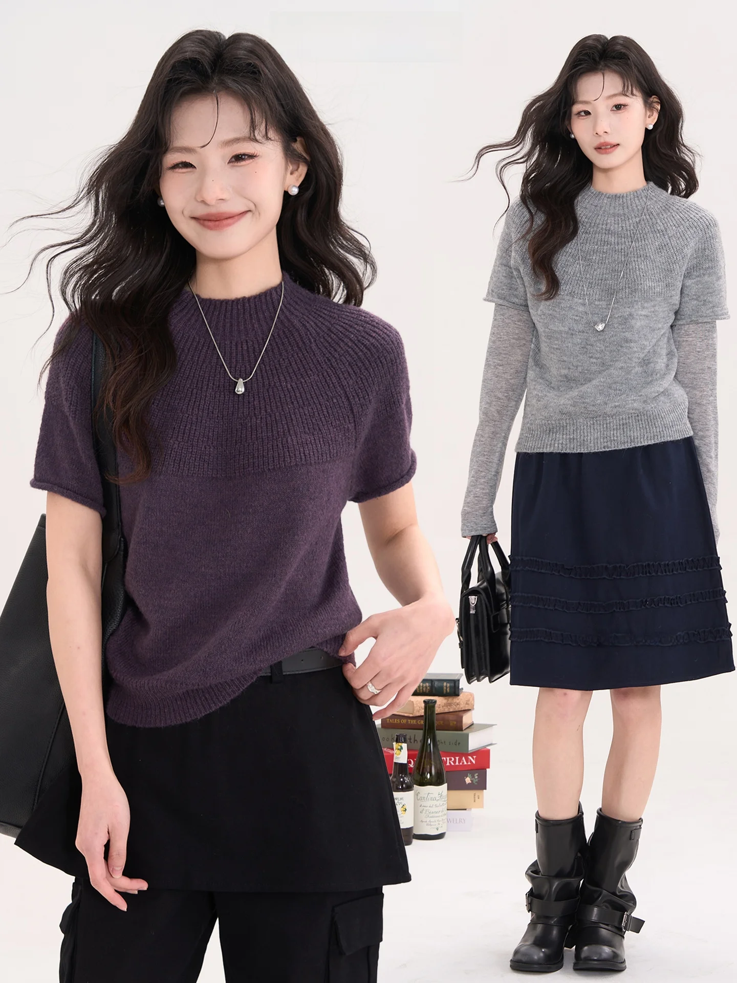 

Korean Sle Women's Knitted Wool Blend ort Sve round Ne Top Spring 2026 Heme 0 Flower Field Display Faion