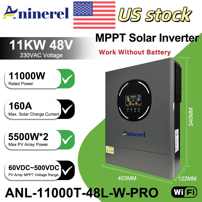 

Aninerel, склад в США, 11 кВт, 48 В, гибридный солнечный инвертор, 220 В, двойной выход, MPPT, 160 А, солнечный контроллер, ЖК-дисплей, PV 500 В постоянного тока, Wi-Fi