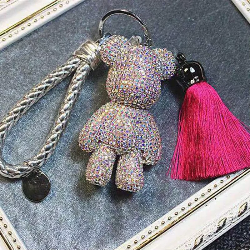 2024 Handmade Diy Rhinestone Gloomy Bear Keychain Car Tassel Key Chain Ring Holder Pendant for Bag Charm Chaveiro Llaveros Mujer