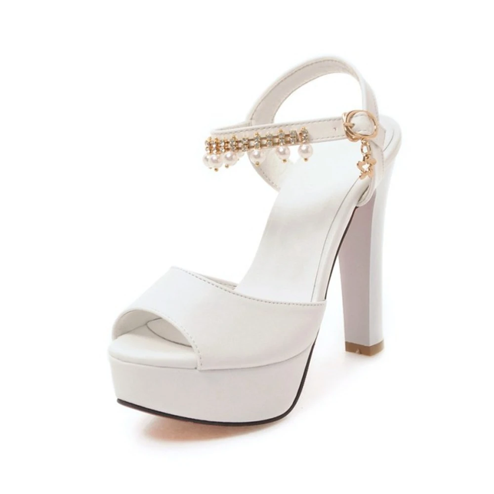 

Women Platform Chunky Heels Sandals Peep Toe Rhinestone Pearl Ankle Strap Buckle Party Shoes Plus Size 32-43 White Purple F-3