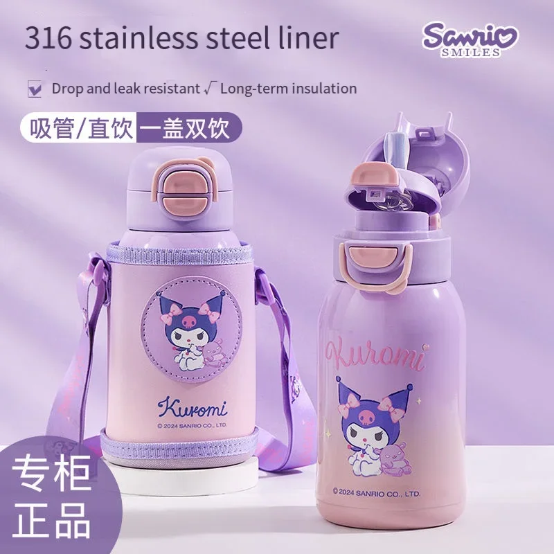 Sanrio Kuromi Children's Thermos Cup Good Looks Straw 316 Food Grade Portable Double Drinking Cup Cute Gifts for Kids New 2024