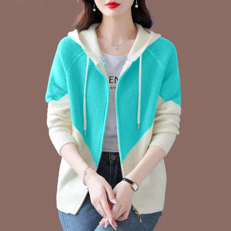 Fashion Zipper Spliced All-match Lace Up Hooded Cardigan Sweaters Women's Clothing 2023 Winter Loose Knitted Commuter Tops