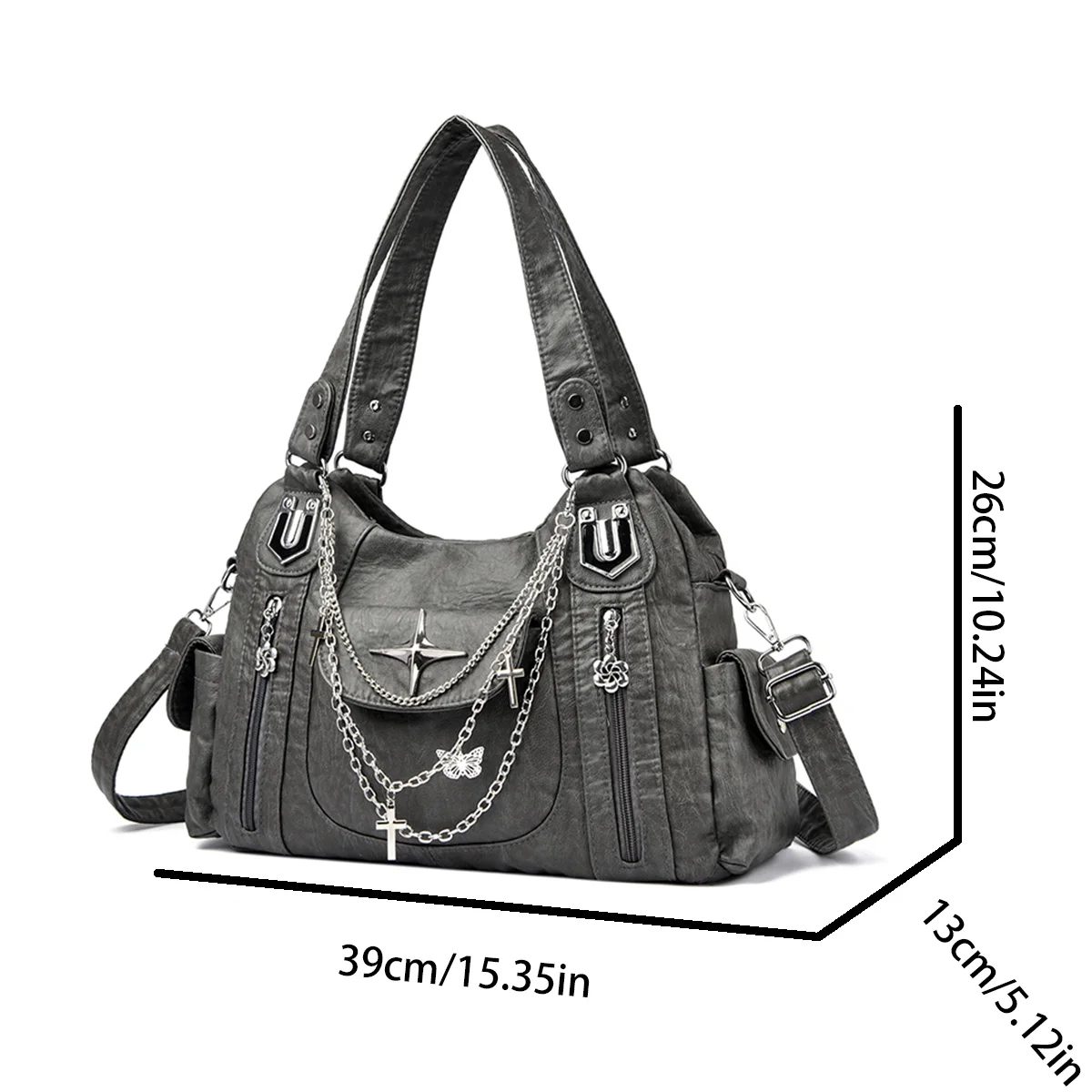 Retro-Punk-Umhängetasche für Damen, Metallkette, mehrere Taschen, großes Fassungsvermögen, PU, verstellbarer Riemen, Umhängetasche für den Pendelverkehr, Einkaufen – Detail 1