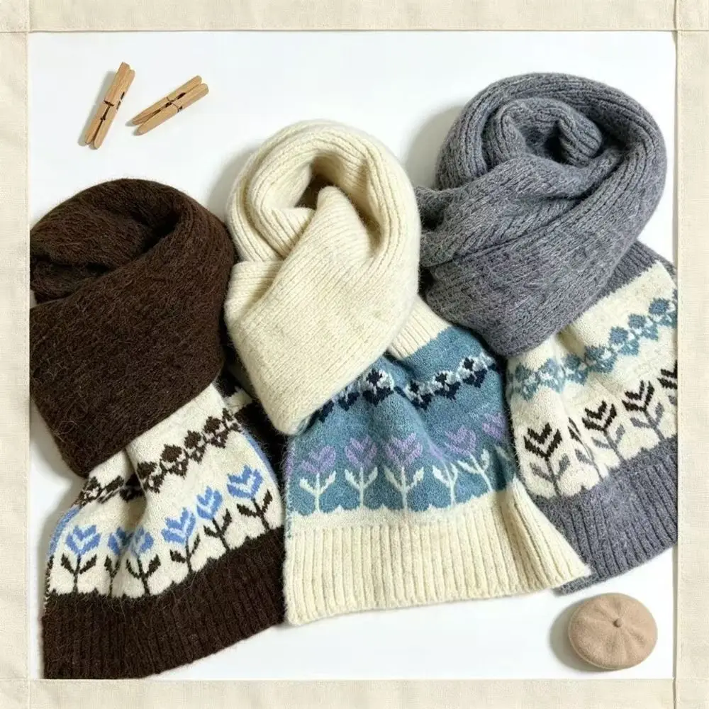 Eleganter Woll-Jacquard-Strickschal, verdickter Winter-Kaschmirschal, verdickter Schal im floralen Fair-Isle-Stil, Studentenschal – Detail 8