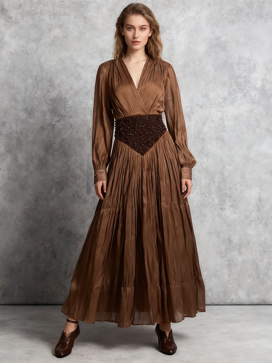 

Elegant Retro Vacation Dress V Neck Lantern Sleeve Spliced Bead Square Scarf Tunic Temperament Long Dresses Female Evening Gowns