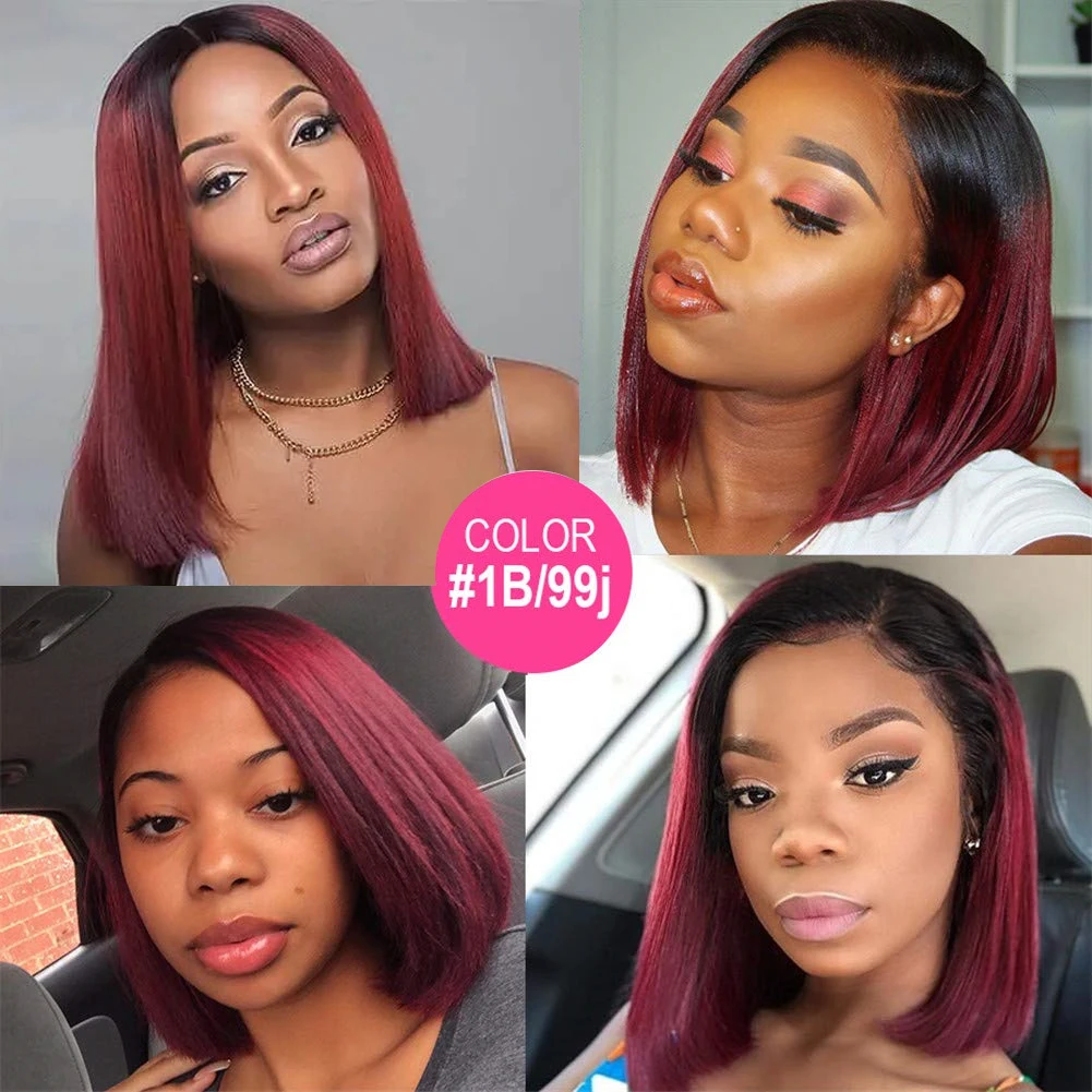 T1B/99j Burgundy Red Straight Bob T Part Lace Front Human Hair Wig For Women Colored Brown #2 Brazilian Remy Hair Natural Wig