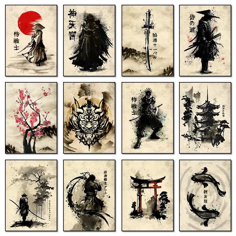 Japanese Samurai Sakura Saber Pisces Wall Art Canvas Picture Print Ink Paintings Modular Poster Home Decor Living Room Cuadro