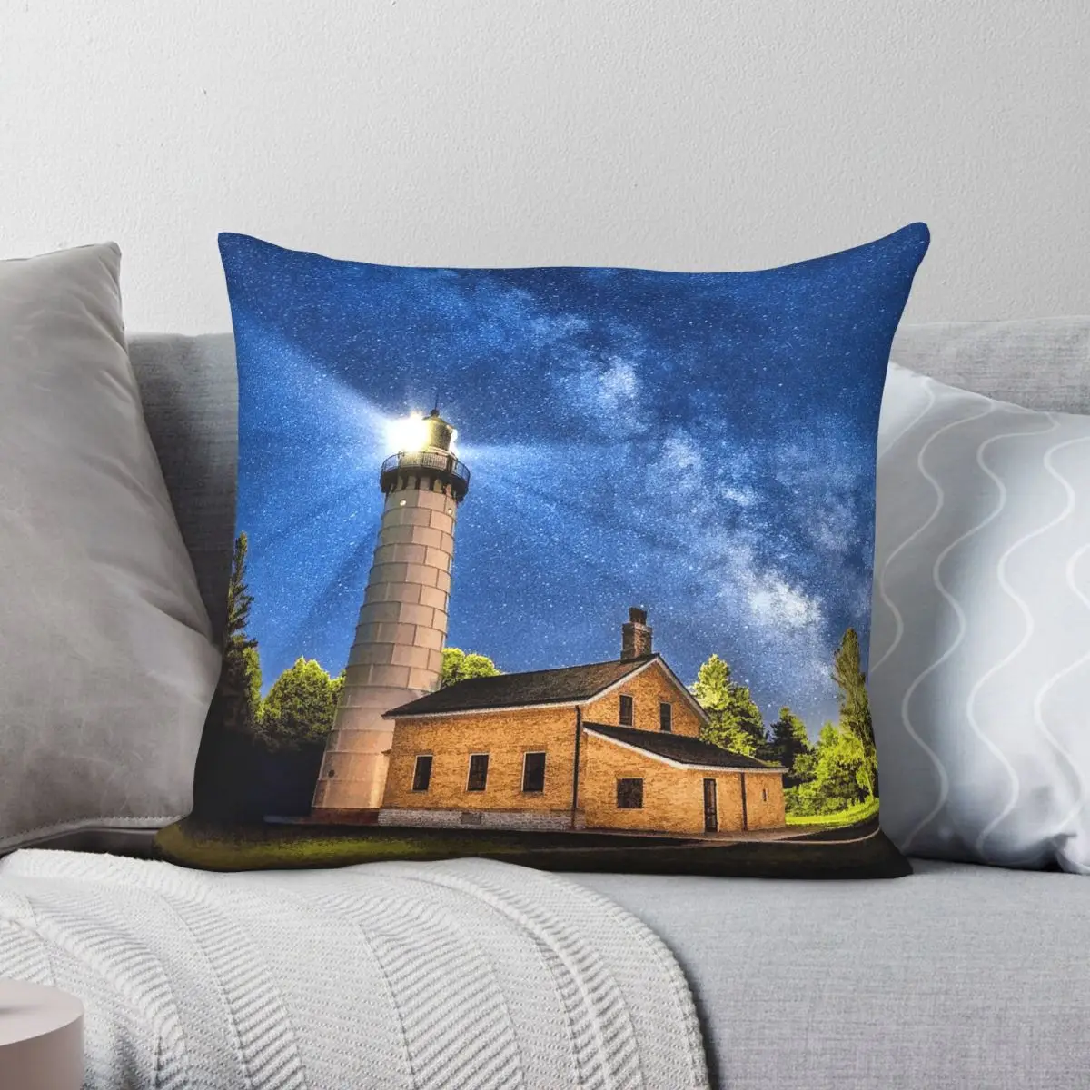 Cana Island Lighthouse Milky Way Square Pillowcase Polyester Linen Velvet Creative Zip Decorative Pillow Case Bed Cushion Cover