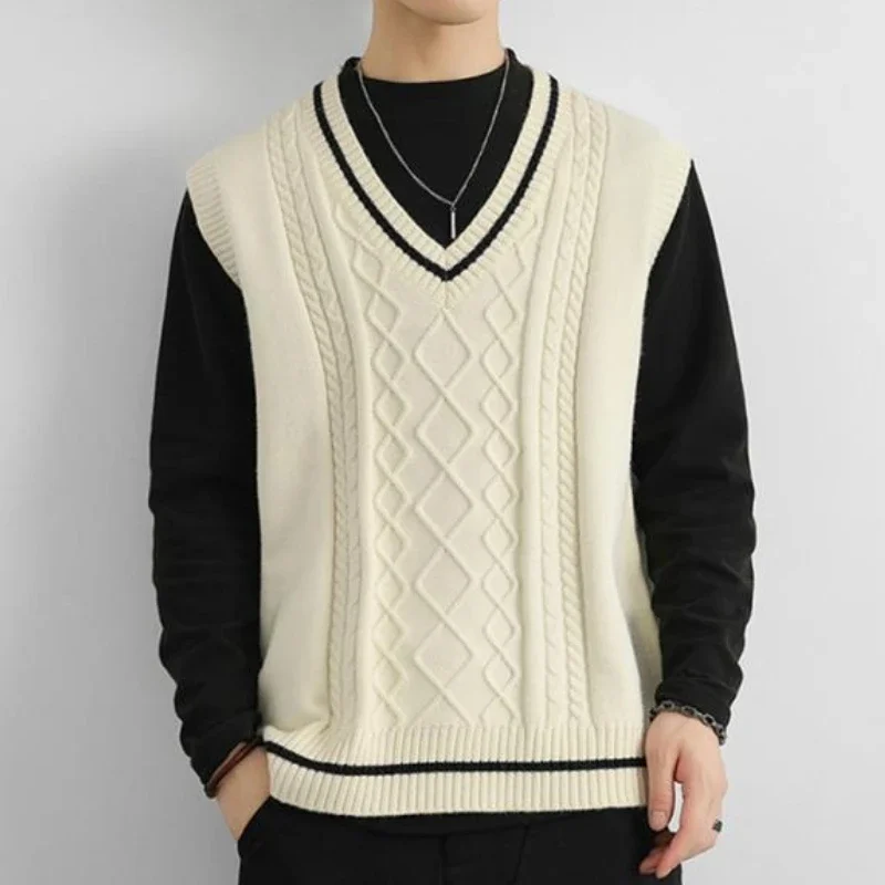 

Teenage Boys Knitted Gilet New Arrival Autumn Winter Color Block V Neck College Style Sleeveless Pullover White