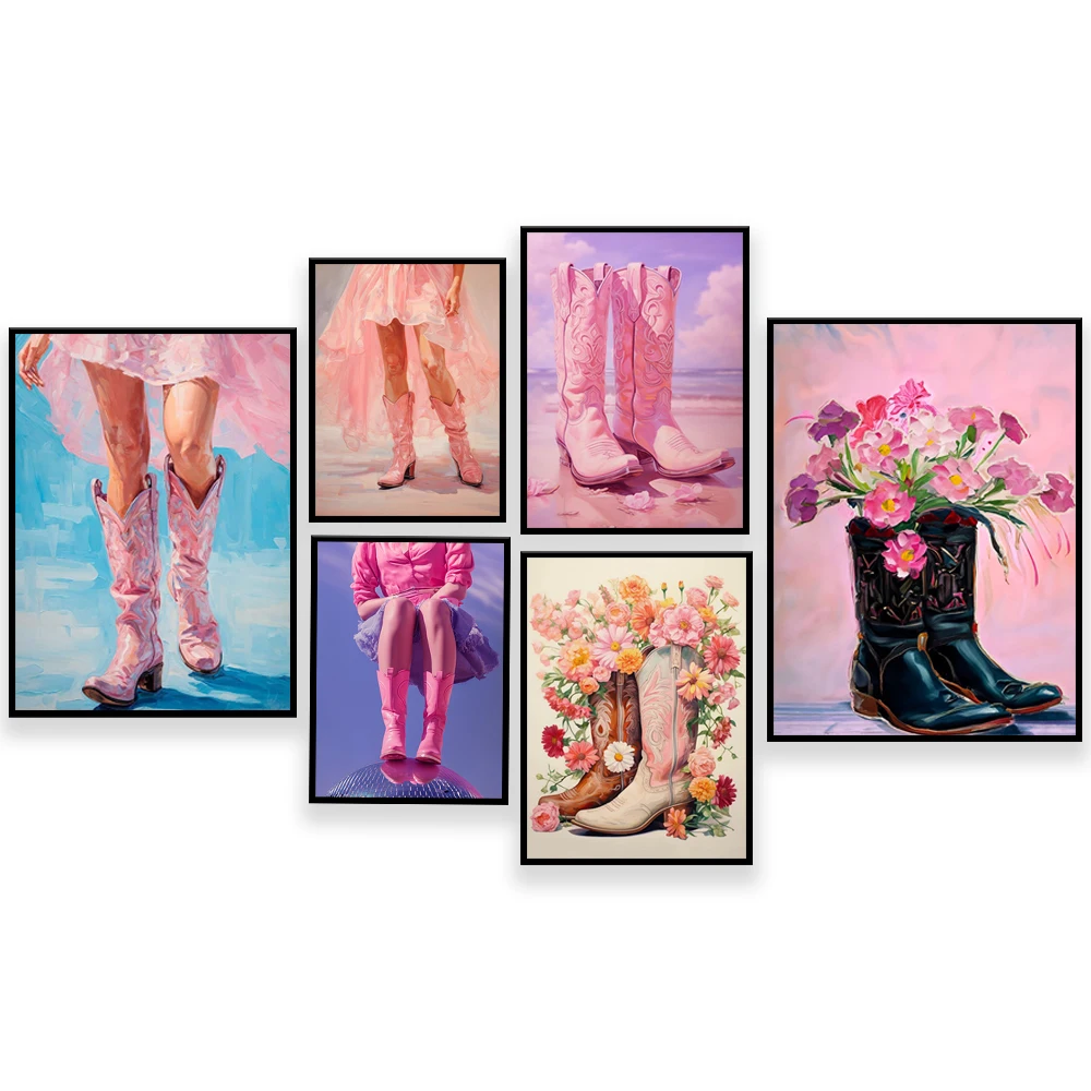 Whimsical art print cowgirl boots, preppy coastal cowgirl, retro western, floral coastal booties, preppy girl aesthetic poster