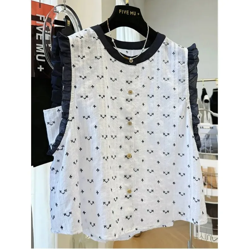 

Women's Contrast Trim Ruffle Sleeveless Blouse Casual Printed Button Down Round Neck Loose Fit Summer Top