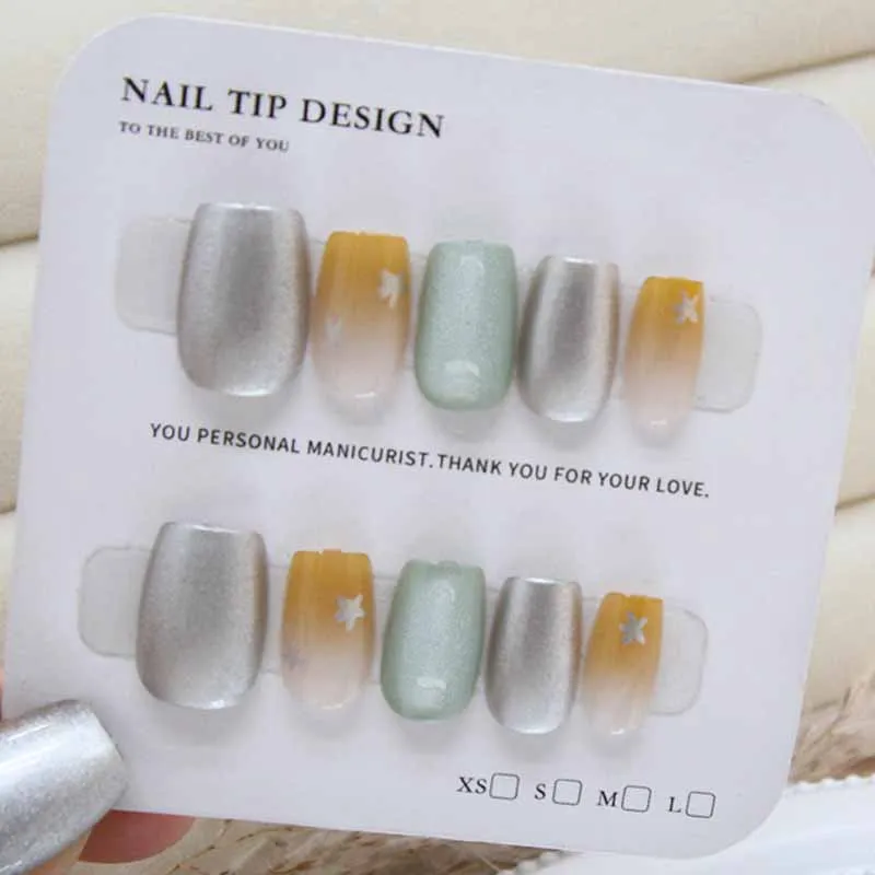 10 Stück handgemachte Nägel zum Aufdrücken, Farbverlauf, Stern, Kontrastfarbe, Katzenaugen, süßes Mädchen, Ins-Stil, Trend, abnehmbare Nägel, Patch-Nagelspitzen