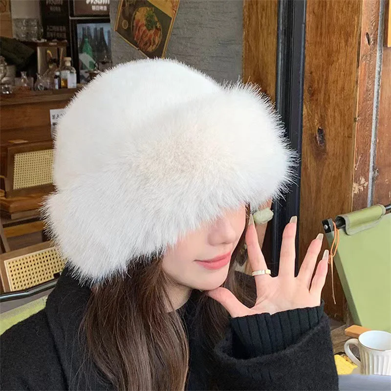 New Women's Fashion Fur Cap Furry Hat Autumn Winter White Fur Hats Mongolian Hat Brimless Plush Fluffy Skiing Riding Warm Caps