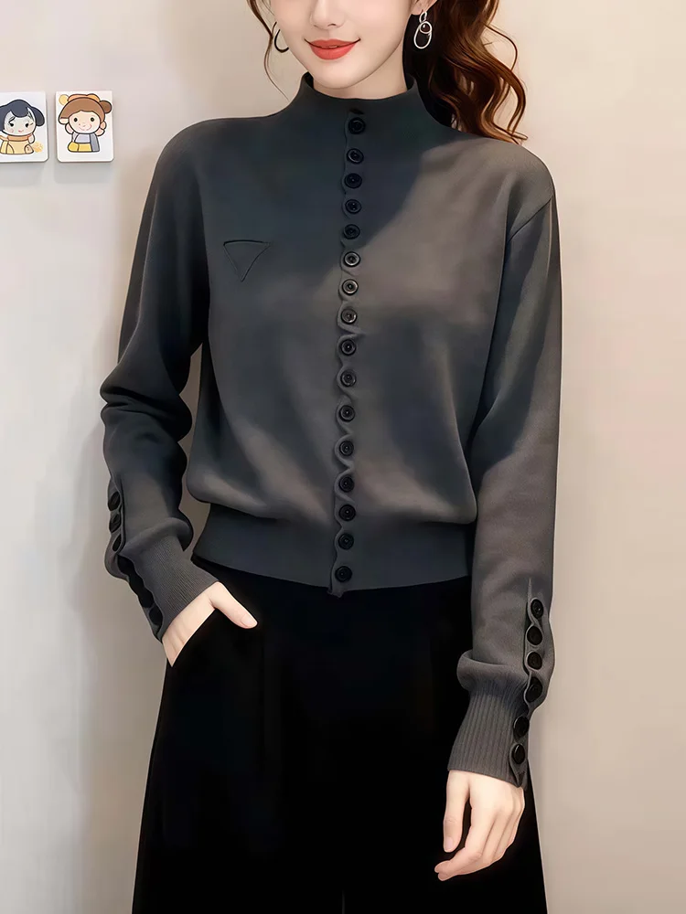 

Korean Style Single Button Half High Collar Knitted Sweater Women's Early Spring Slimming Soft Wood Ear Bordered Gentle Sweater
