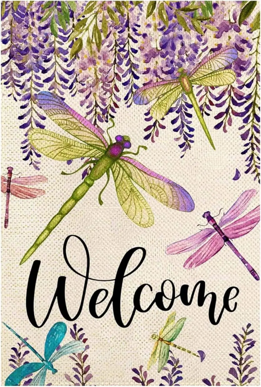 Double-Sided 12x18 Inch Spring & Summer Welcome Dragonfly Garden Flag ，Burlap Materia Rustic Farmhouse Design perfect for Ou