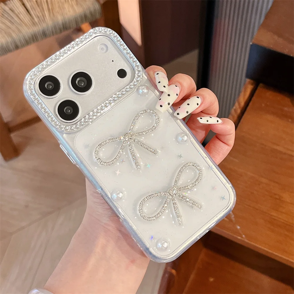 Coquette Rhinestone Bow Pearl Clear Phone Case for 17 Pro Max Starry Iridescent Glitter Protective Cover for iPhone 16 15 14