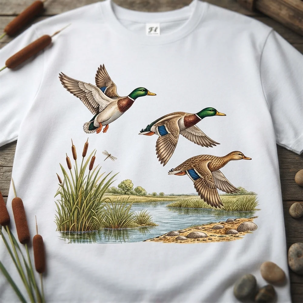 Women Flying Ducks Graphic Print Short Sleeve T Shirt Casual Cute Tee Vintage Wild Mallard Nature Lovers Apparel