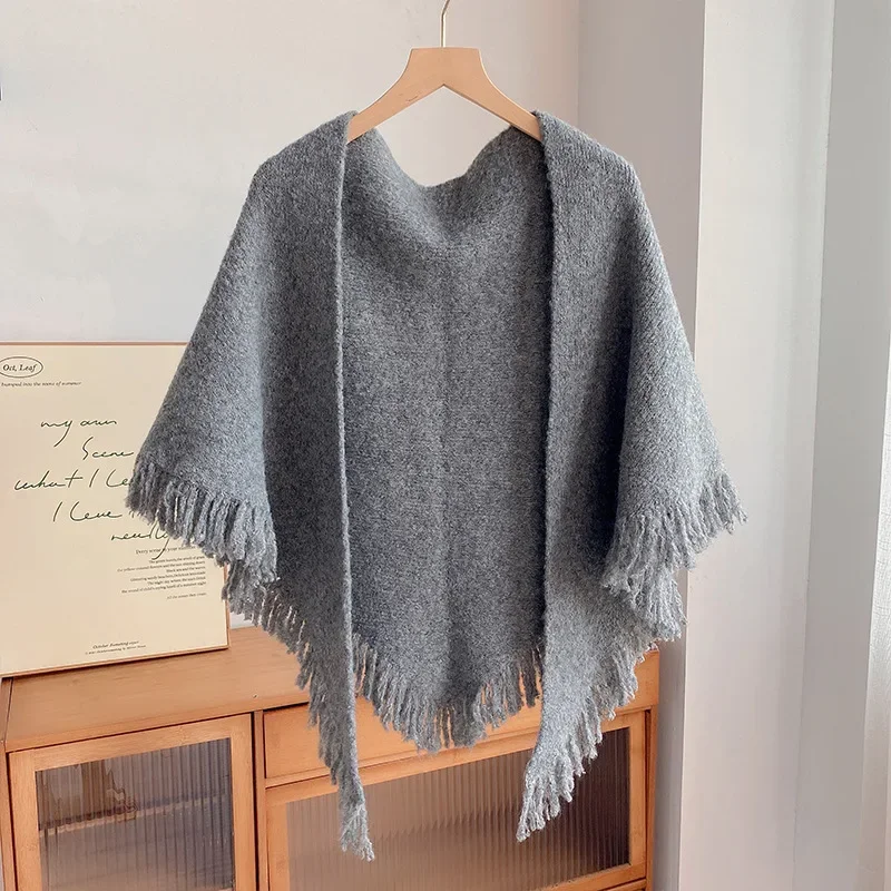 

New autumn winter tassel shawl for women's outerwear, versatile triangular scarf for warmth and neck protection Gray