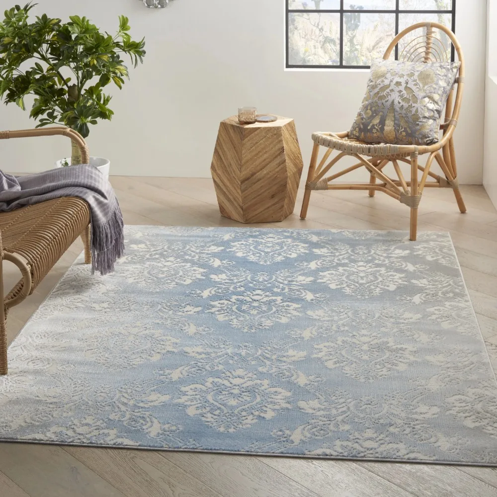 

Elation Damask Ivory Blue 5'3 x 7'3 Area Rug, (5x7)