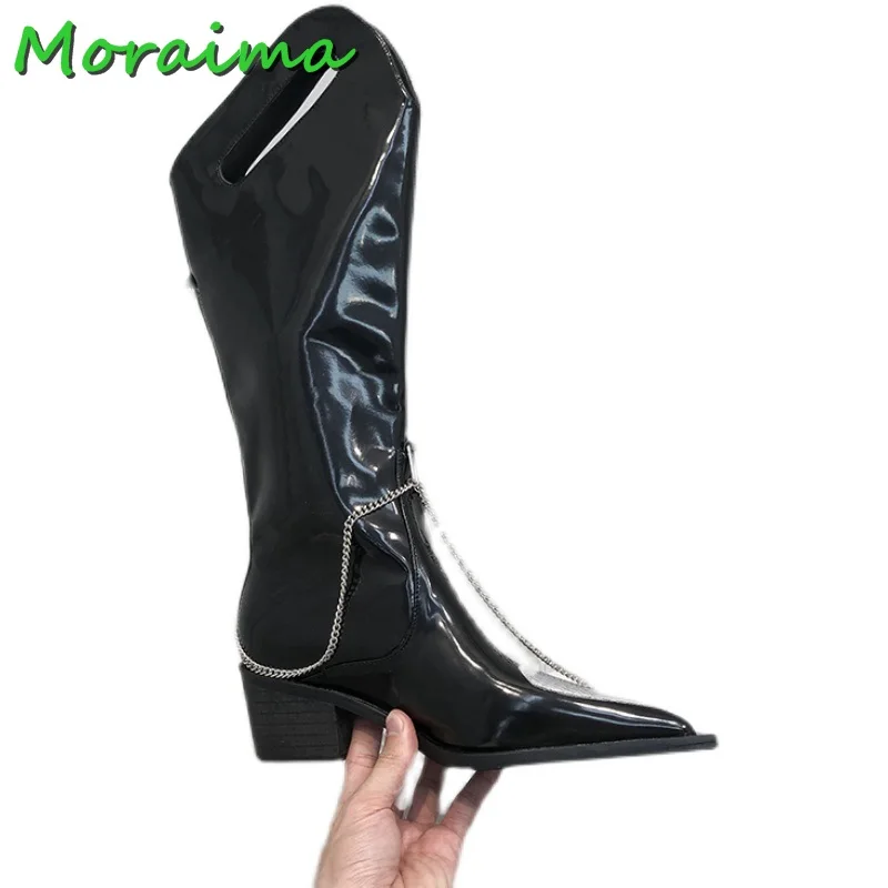 Metal Chian Heart Decor Long Boots Pointed Toe Women Shoes Hollow Slip On Black Leather Block Heel Fashion Autumn Winter Newest