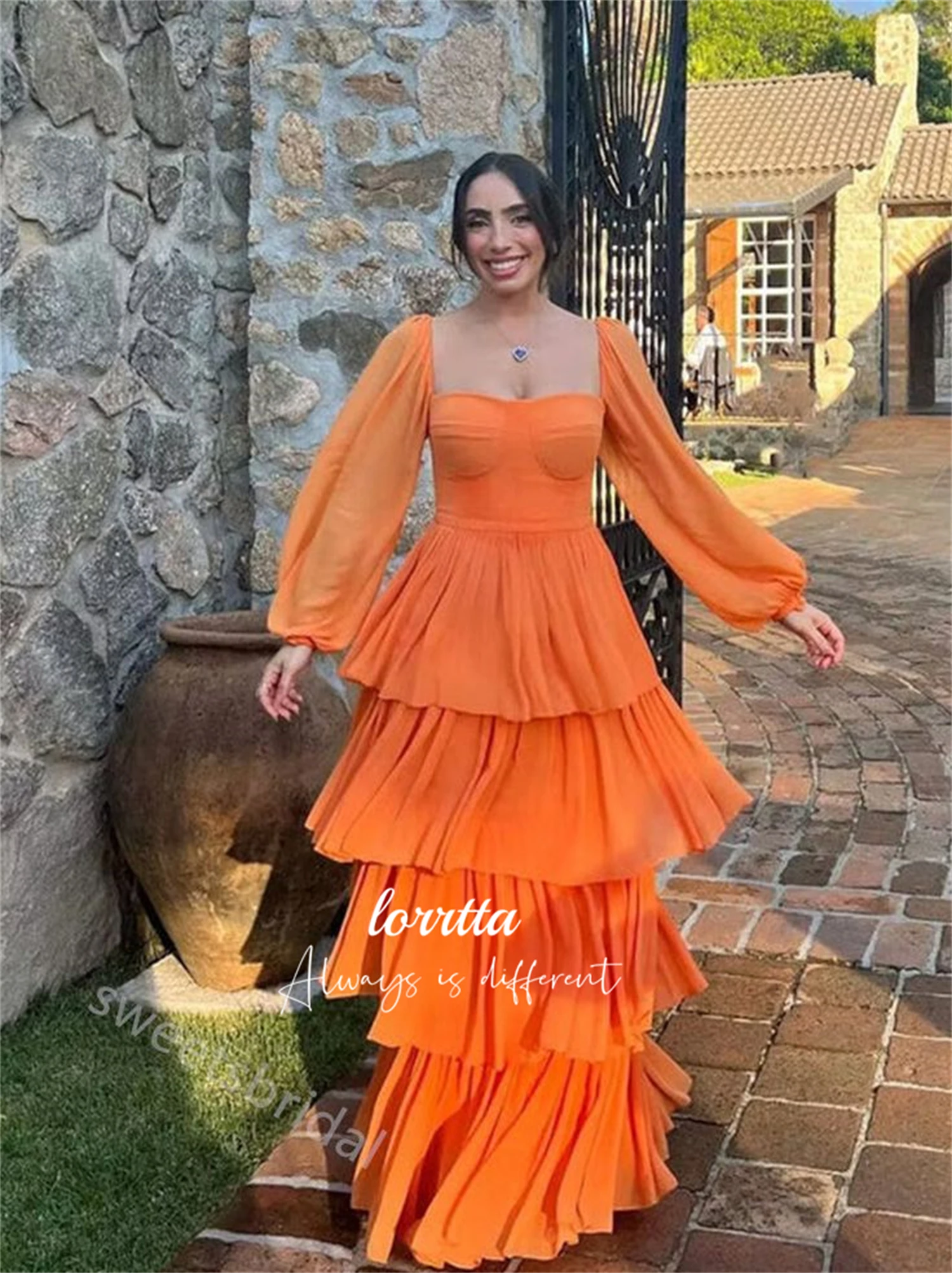 

Lorrtta Orange Color Layered Chiffon Graduation Gown Puff Sleeves Party Dress Happy Sharon Dresses 2024 Robe De Soiree Femmes