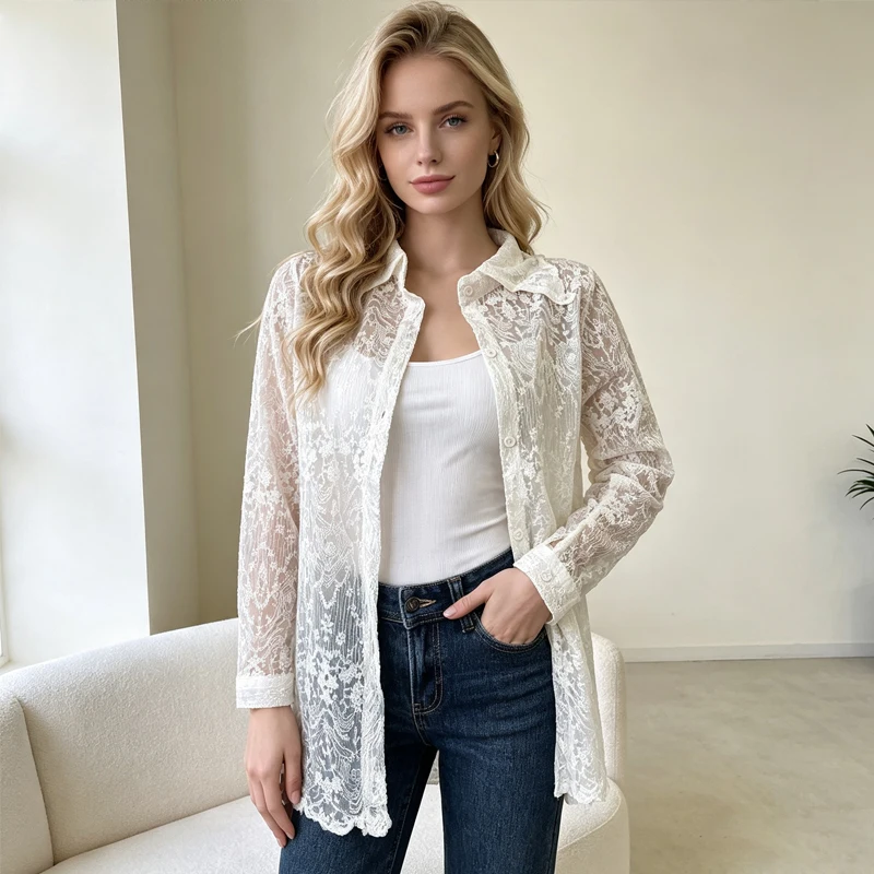Elegant Floral Lace Shirt Long Sleeve See-Through Blouse Open Front Beach Cover Up Summer Boho Sheer Mesh Sun-Protective Top