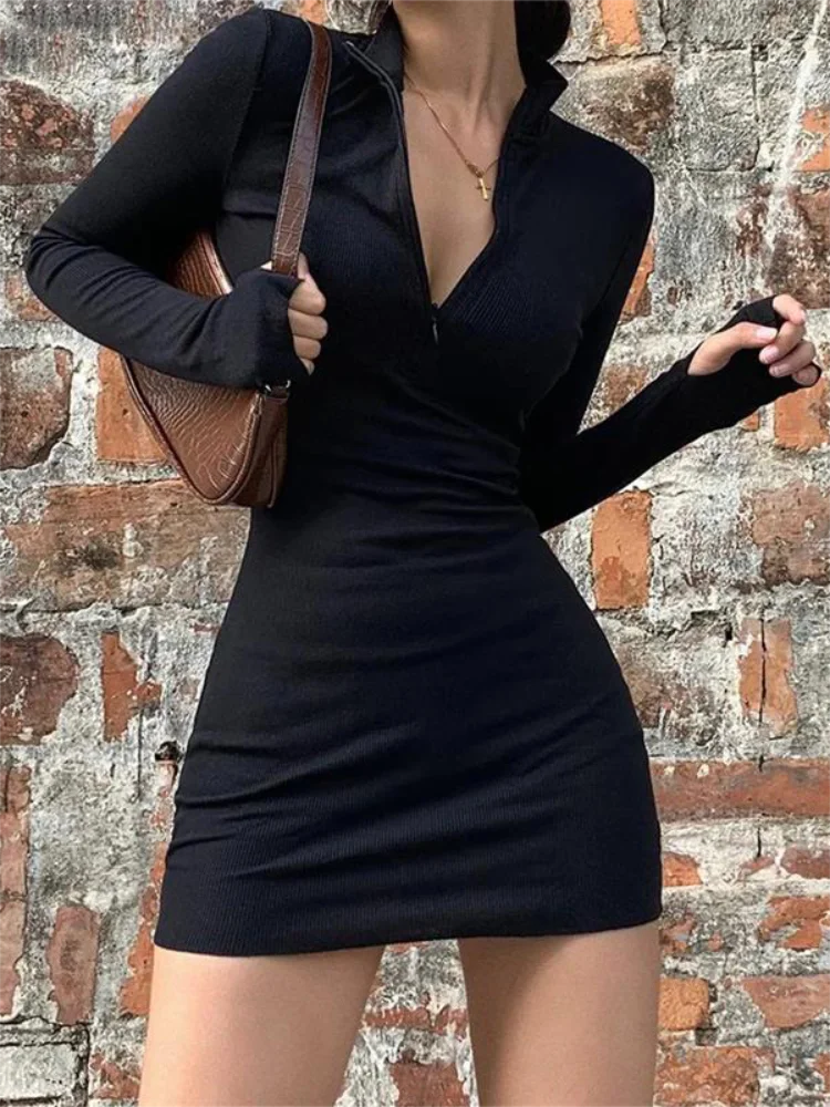Langarmkleider für Frauen Schwarz Sexy Club Bodycon Minikleid Y2k Hohe Taille Damen Koreanisches Kurzes Kleid Basic Herbst Winter – Detail 10