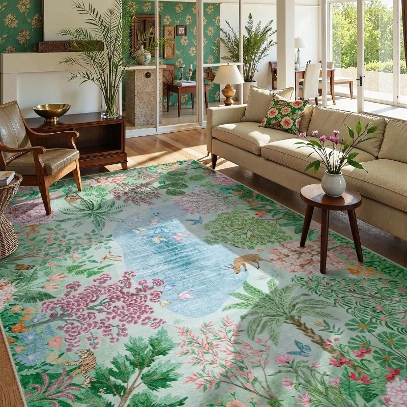 

Green Living Room Carpet Retro Jungle Bedroom Rug Fashion Machine Washable Non-slip Sofa Coffee Table Floor Mats Ковер Tapis 러그