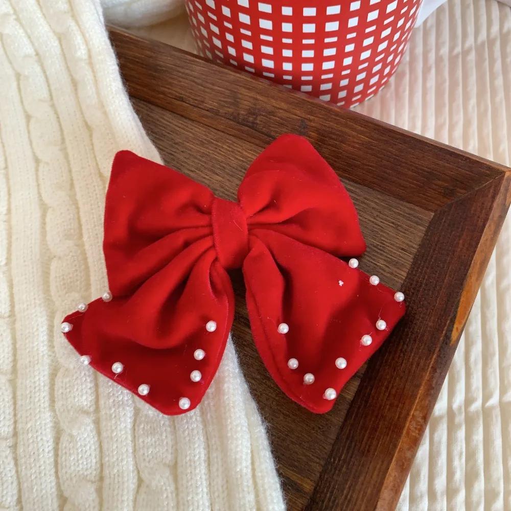 

Lovely Plush Velvet Red Bow Hairpin Crown Pearl Chinese New Year Headwear Cloth Baby Headwear Ancient Style Hairpin Children