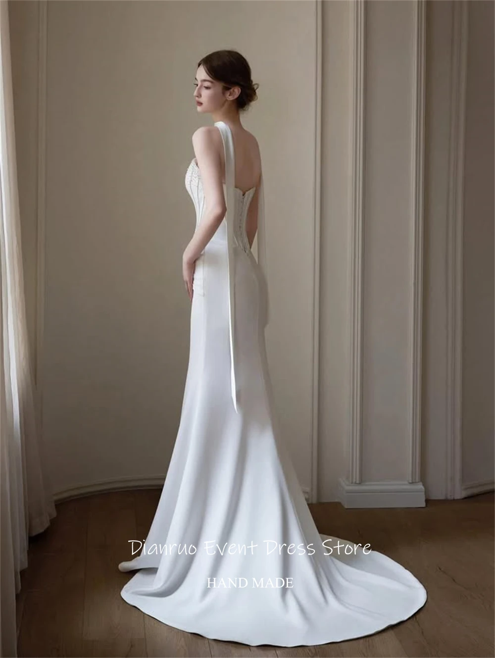 Dianruo Sparkly Crystal Mermaid Wedding Dress Ribbons Backless Vestido De Noiva Strapless High Quality Evening Dress Customized