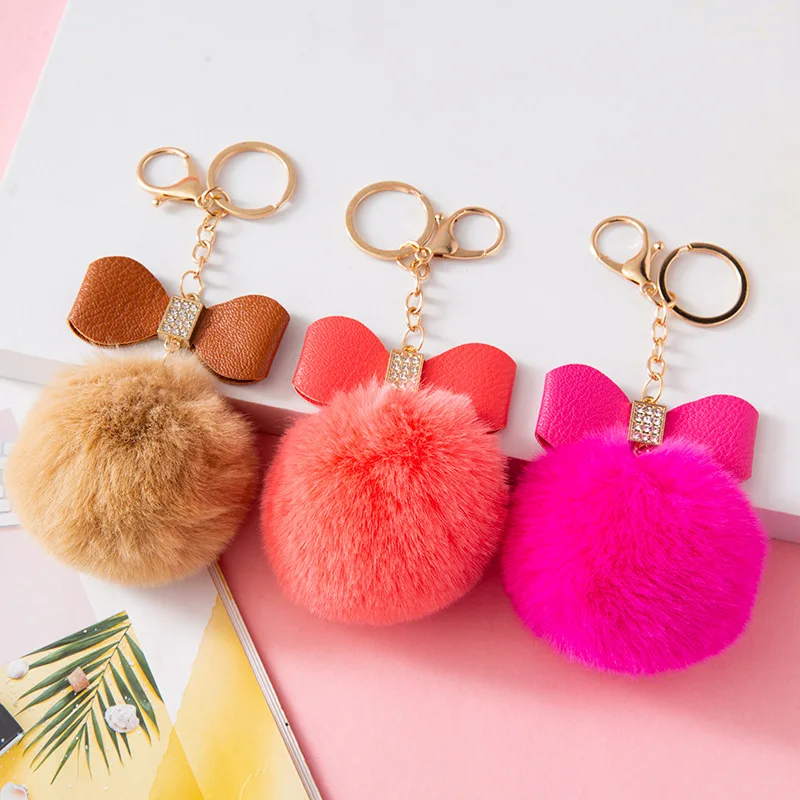 

18 Colors Cute Plush Bow PomPom Keychain Soft Faux Fur Ball Car Keyring Pendant Bow Trinket Key Chain Christmas Party Gifts