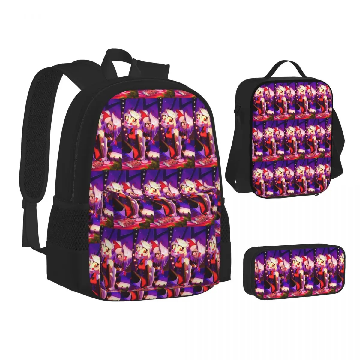 Charlie And Vaggie Valentines Hazbin Hotels Backpacks Bookbag School Bags Kids Rucksack Lunch Bag Pen Bag Three-Piece Set