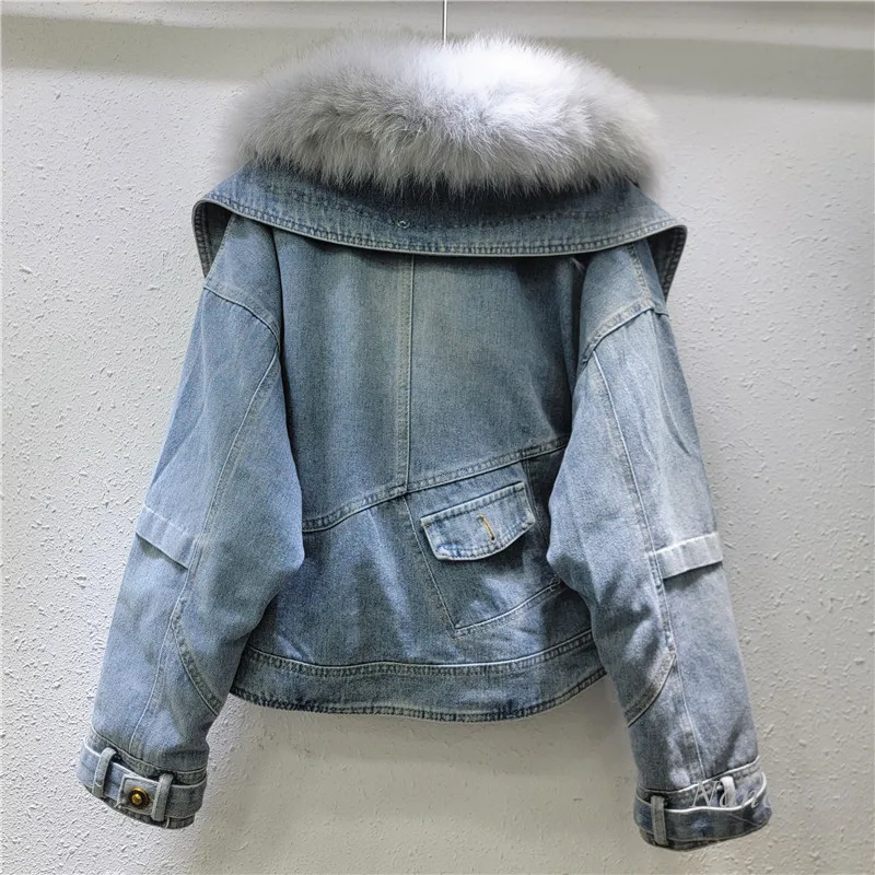 Jaket Denim kerah bulu rubah besar baru 2024 jaket Denim wanita kecil pendek putih garis bebek bawah mantel Pie hangat Jalan