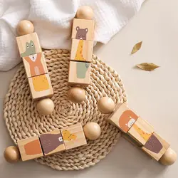 1PC Baby Wooden Rotating Animals Rattle Toy Newborn Grasp Teether Rotating Animal Shaped Matching Puzzle Montessori Toy Kid Gift