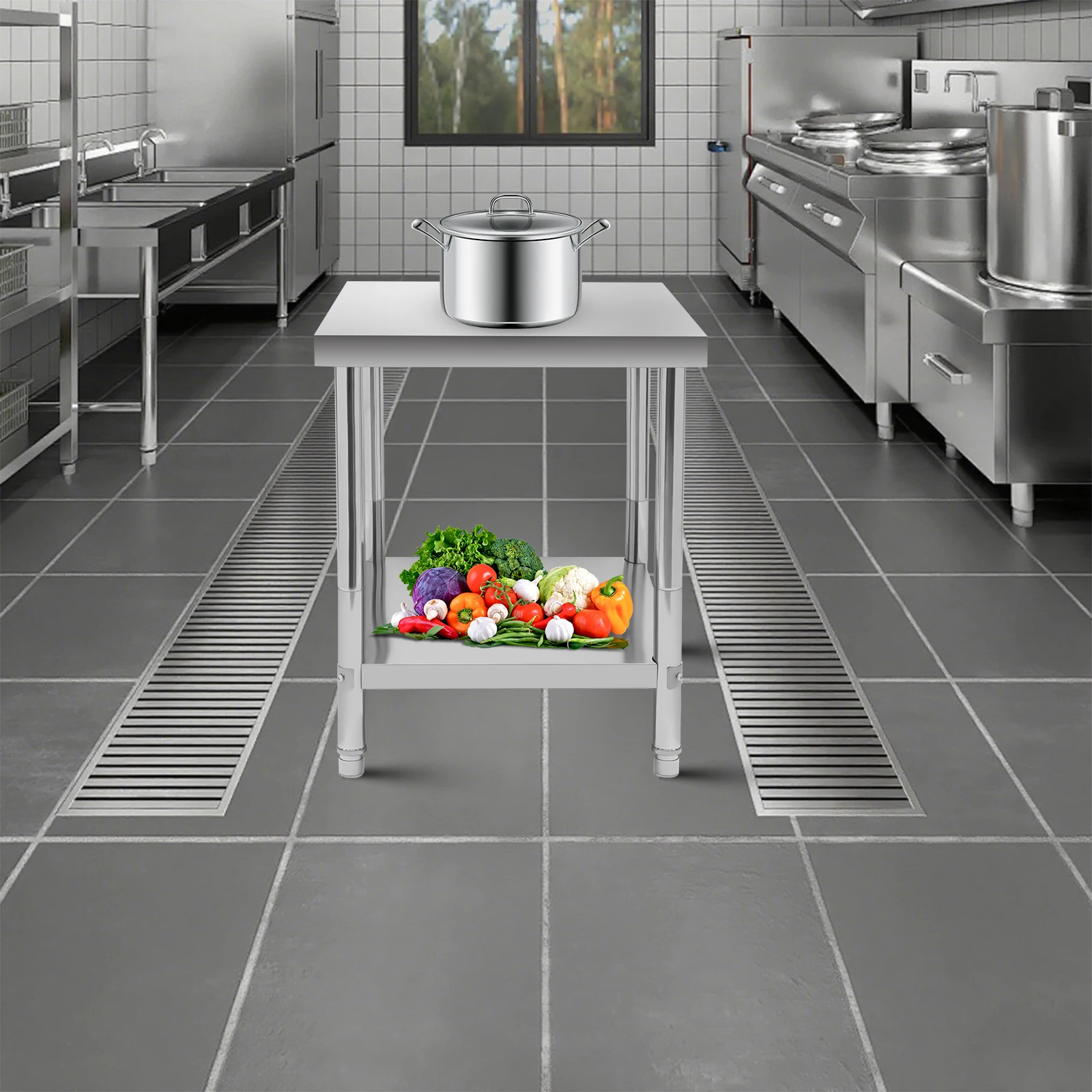 طاولة من الفولاذ المقاوم للصدأ للإعداد والعمل مقاس 24 × 18 بوصة، طاولة عمل تجارية شديدة التحمل لإعداد الطعام مع رف داخلي للمطعم
