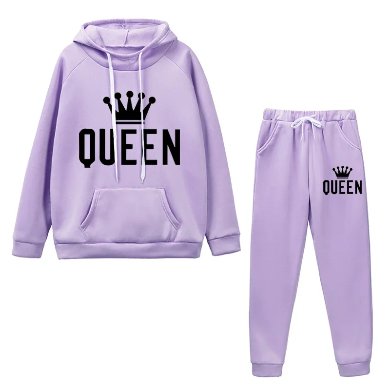 Queen Printed Womens Tracksuit Warm Casual Hooded Sweatshirt 2 Pcs Set Sports Jogging Woman Pants Set Daily Office Home Clothing