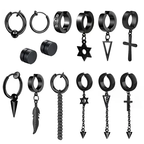 2pcs Stainless Steel Non Pierced Clip On Earrings for Men Women Magnetic Stud Earrings Punk Dangle Huggie Hoop Earrings Set