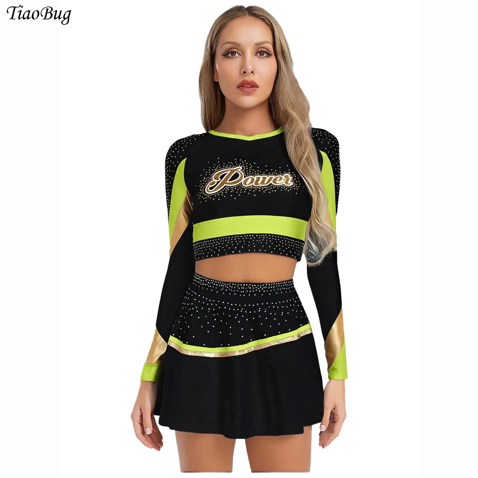 

Women Girls Cheerleading Uniform Dancewear Long Sleeve Rhinestones Crop Top+Mini Skirt with Safety Shorts 2-piece Cheer Outfit