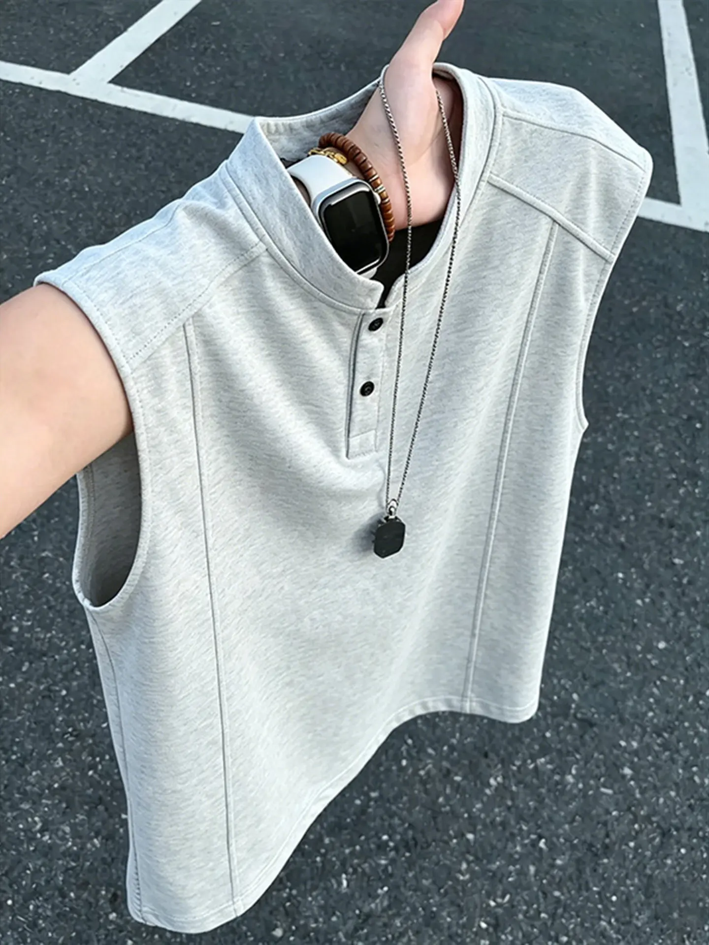 Heavyweight Henry Collar Sleeveless T-Shirt Men's Summer Trendy Boxy Shoulder Deconstructed Patchwork Vest Outerwear Handsome...