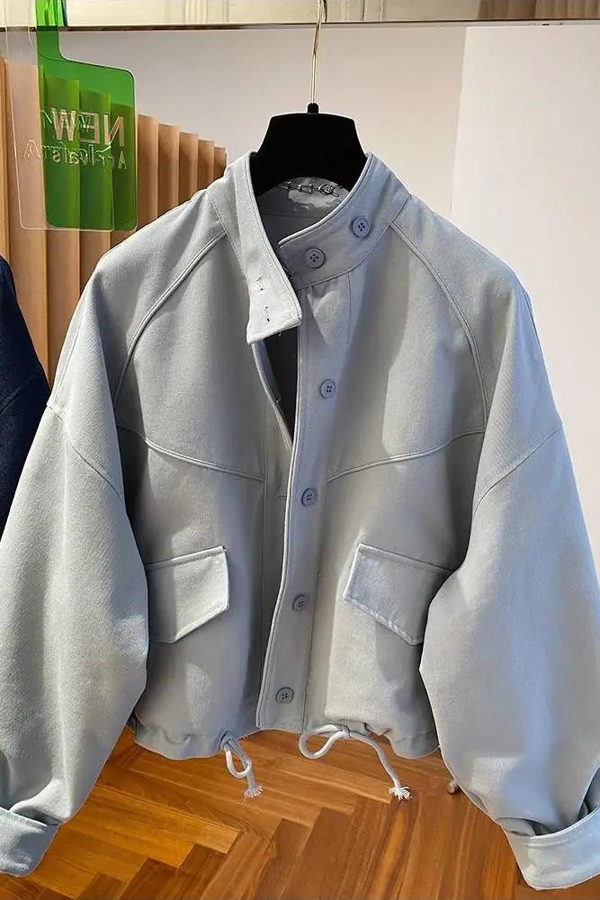 Spring Autumn  Korean Light Blue Stand-up Collar Denim Jacket Women's New Loose Ladies Jacket Tops