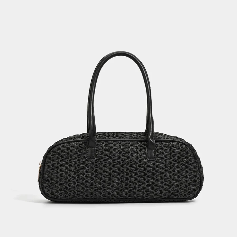

Ladies Woven Straw Bags Summer New Boston Handbag Casual Shoulder Bag Soft Neutral Minimalist Style Zipper Closure Black Travel