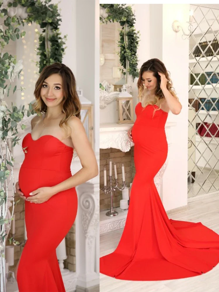 Sexy Strapless Long Black Maxi Dress Front Slit Bare Shoulder Red Women\'s Evening Summer Night Gown Party Maternity Dresses