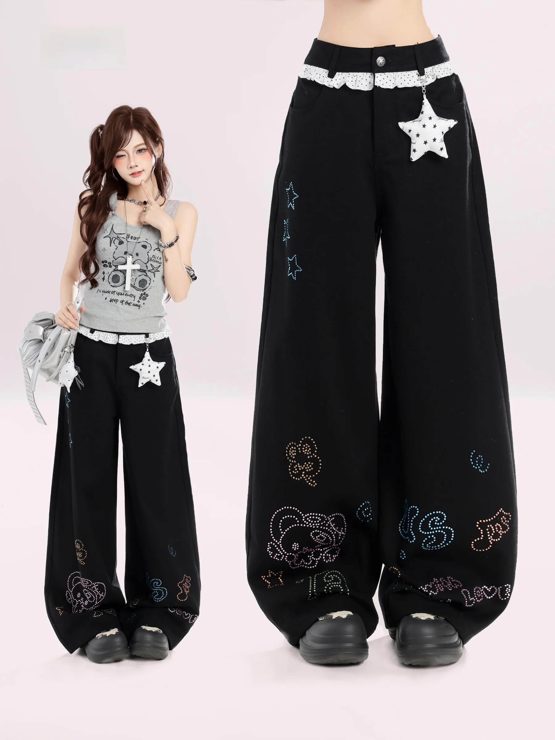 

HM Y2K Star Pendant Casual Pants Women Summer New Loose Slimming Floor-Length Wide Leg Long Pants Comfortable Loose Fit