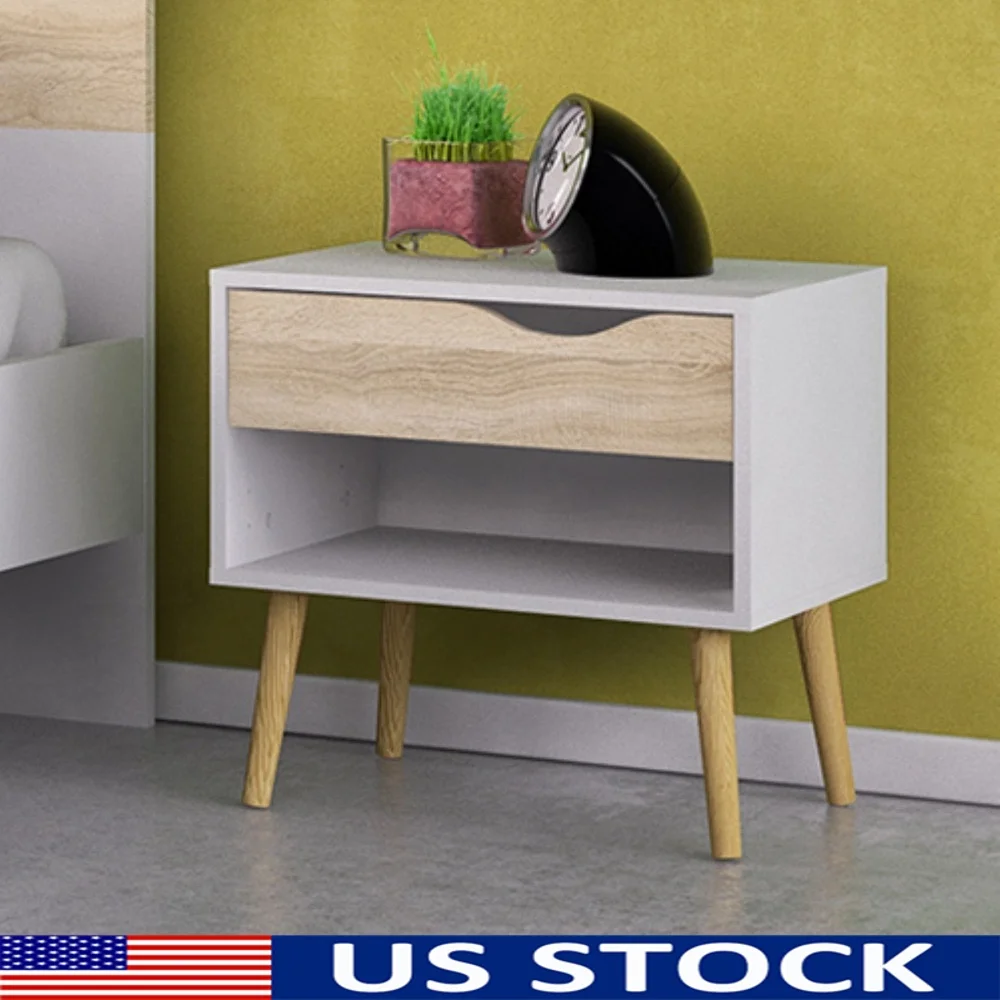 

Scandinavian Style Nightstand with Drawer and Open Shelf Adults White Oak Finish Modern Design Easy Assembly