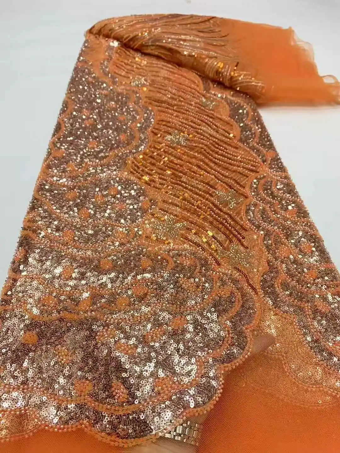 

2025 Latest French Mesh Lace Beads Sequins Fabric High Quality African Nigerian Tulle Lace Luxury Wedding Dress For Women 5Yards